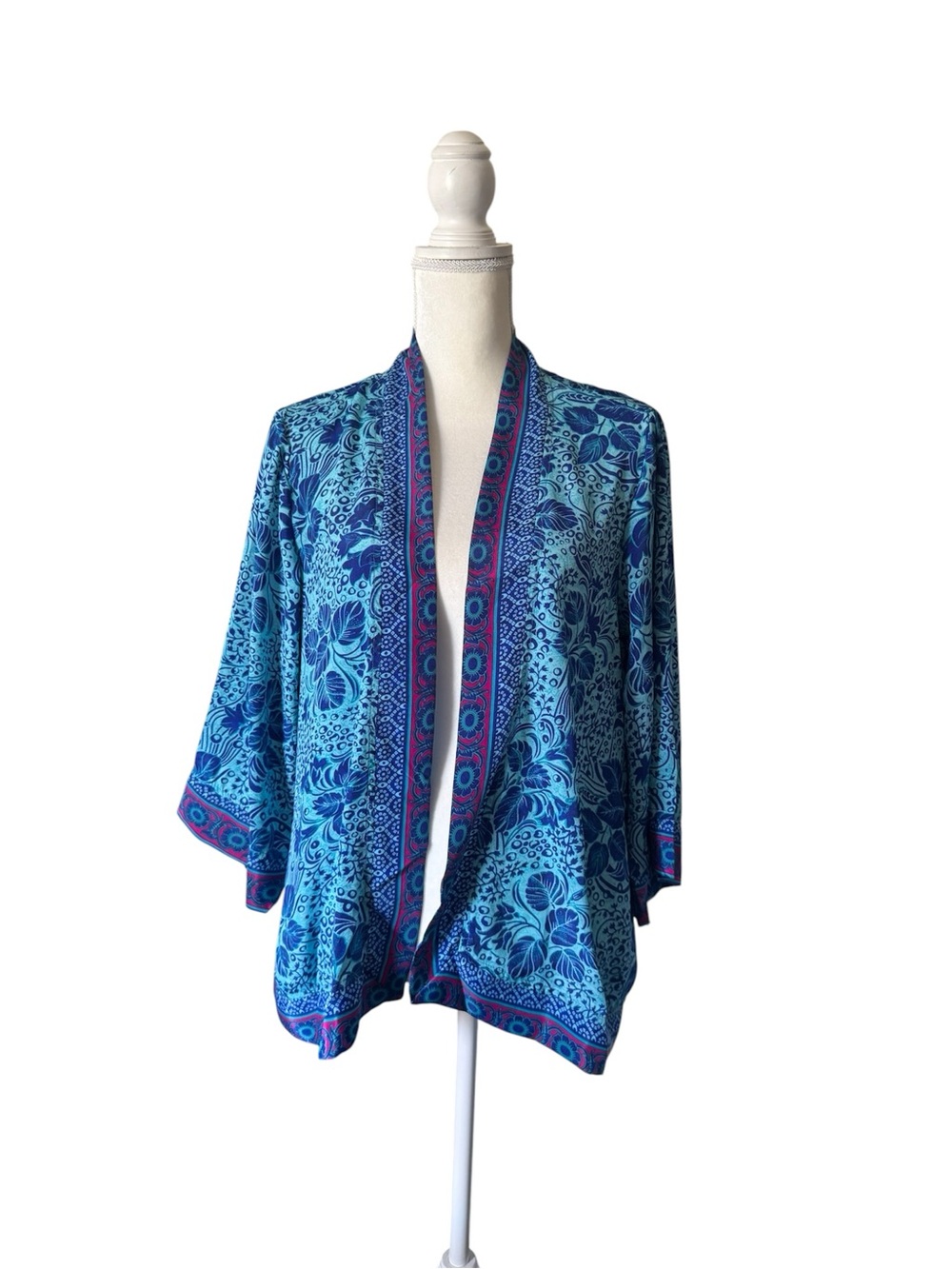 Devi Blue Floral Open-Front Kimono Cardigan with Contrast Trim